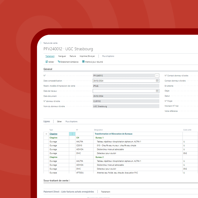 écran de facturation l'ERP travaux publics