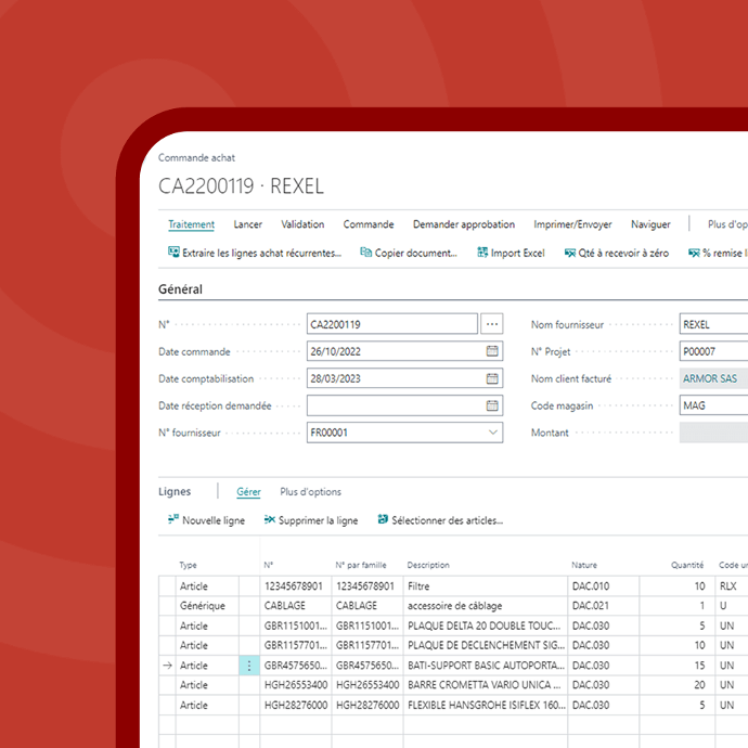 écran d'achat et stocks l'ERP travaux publics
